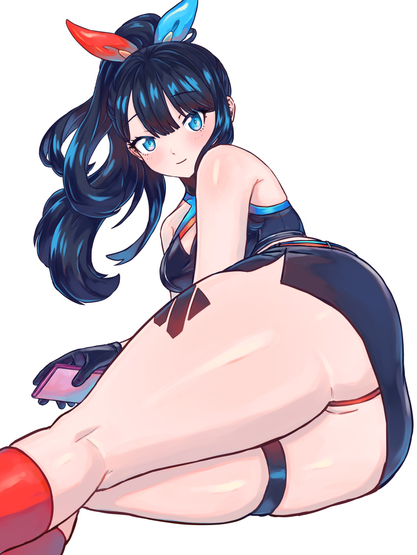 1girl absurdres ass bare_shoulders black_gloves black_hair black_skirt blue_eyes blue_ribbon breasts cellphone clothes_lift crop_top floating_hair gloves gridman_universe hair_ribbon highres holding holding_phone kneepits leg_tattoo long_hair looking_at_viewer medium_breasts microskirt miniskirt official_alternate_costume official_alternate_hairstyle panties parted_lips phone ponytail raid_(donghyeok) red_panties red_ribbon red_socks ribbon simple_background skindentation skirt skirt_lift smartphone smile socks solo ssss.gridman standing string_panties takarada_rikka tattoo thick_thighs thigh_focus thigh_strap thighs turning_head underbutt underwear white_background