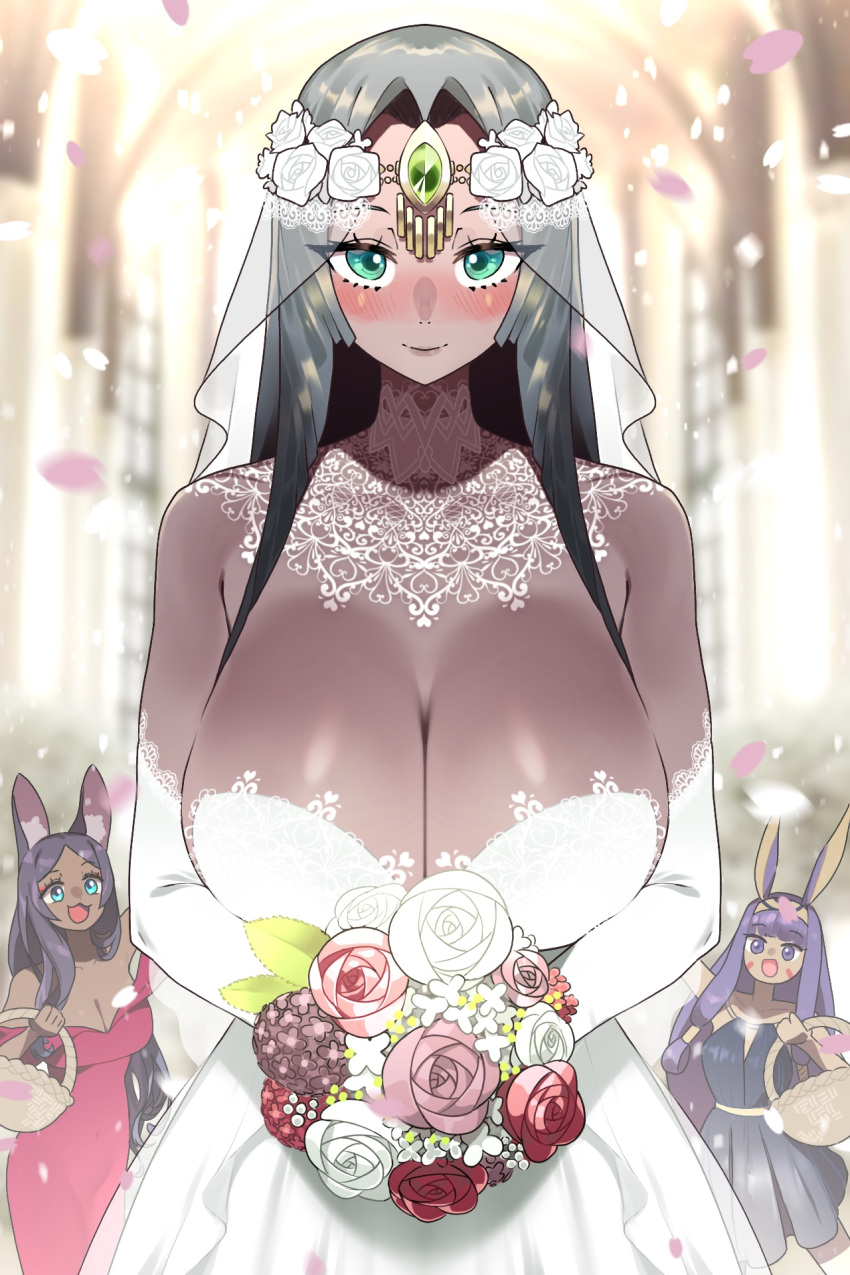 3girls animal_ears aqua_eyes bare_shoulders basket black_dress black_hair blush bouquet breasts bridal_veil bride circlet cleavage dark-skinned_female dark_skin detached_collar dress elbow_gloves facepaint facial_mark fate/grand_order fate_(series) flower forehead_jewel gloves green_eyes hairband highres jackal_ears lace large_breasts long_hair looking_at_viewer monkey_jon multiple_girls nitocris_(fate) open_mouth parted_bangs purple_eyes purple_hair queen_of_sheba_(fate) red_dress rose scheherazade_(fate) sidelocks smile veil very_long_hair white_dress white_gloves