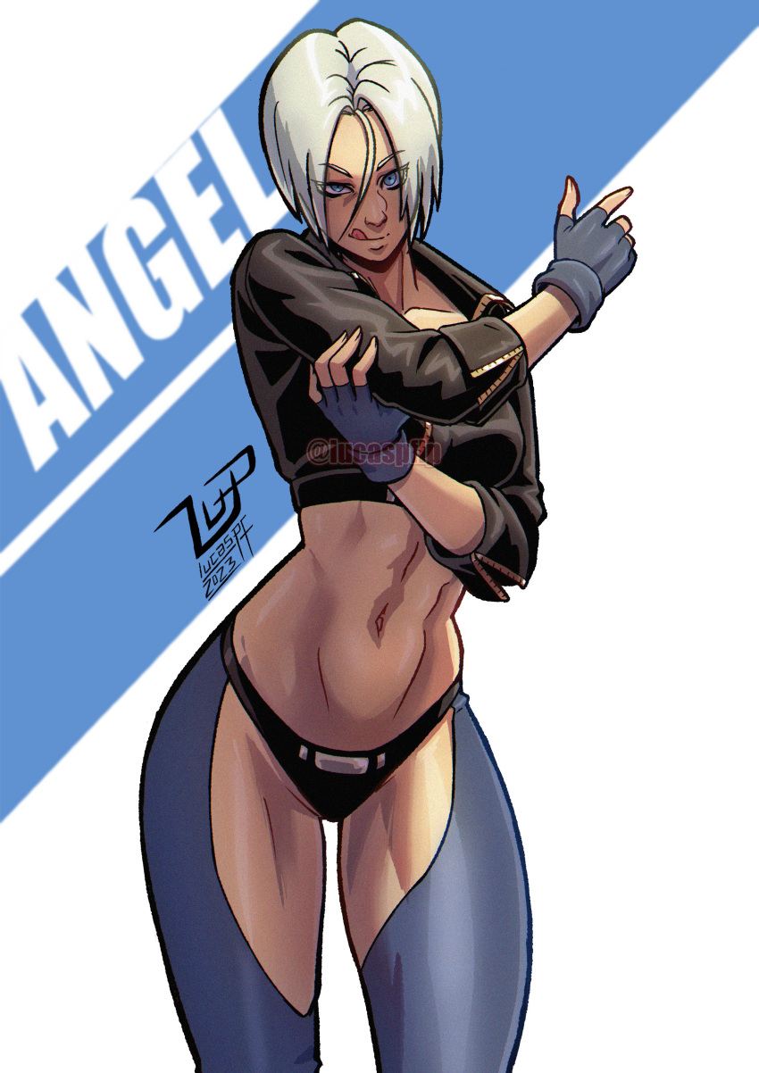 1girl absurdres angel_(kof) backless_pants blue_eyes bra breasts chaps cleavage crop_top cropped_jacket fingerless_gloves gloves hair_over_one_eye highres jacket large_breasts leather leather_jacket looking_at_viewer lucaspflp midriff navel panties pants short_hair smile snk solo strapless strapless_bra the_king_of_fighters the_king_of_fighters_2001 toned underwear white_hair