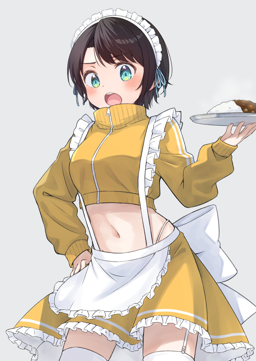 1girl :o absurdres alternate_costume apron black_hair blue_eyes blue_jacket blue_ribbon blue_skirt blush breasts commentary crop_top cropped_jacket curry curry_rice double_vertical_stripe enmaided food frilled_skirt frills furuneo10 grey_background hair_ribbon hand_on_own_hip highleg highleg_panties highres holding holding_plate holding_tray hololive jacket jersey_maid long_sleeves looking_at_viewer maid maid_apron maid_headdress midriff navel oozora_subaru open_mouth panties plate revision ribbon rice short_hair simple_background skirt solo steam swept_bangs teeth tongue track_jacket tray unconventional_maid underwear upper_teeth_only virtual_youtuber waist_apron white_apron white_panties zipper