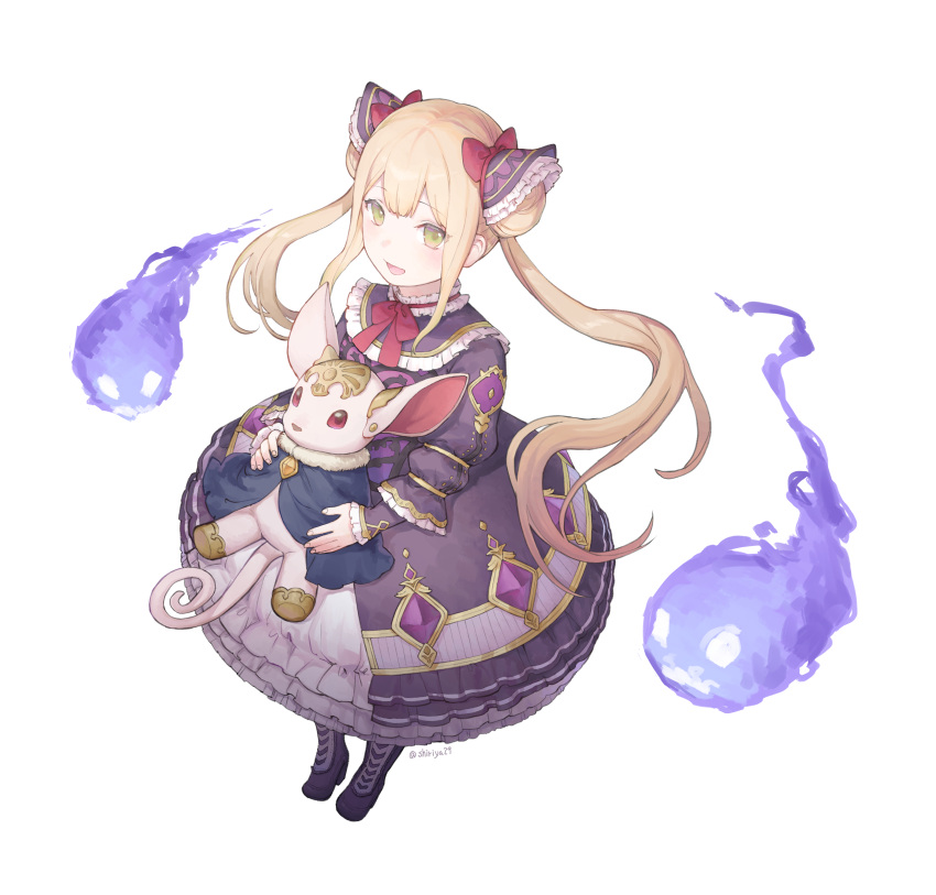 1girl :d absurdres blonde_hair bow bowtie commentary double_bun dress fire frilled_dress frilled_shirt_collar frills full_body gem green_eyes hair_bun highres hitodama holding holding_stuffed_toy long_hair looking_at_viewer luna_(shadowverse) miya8111 open_mouth purple_dress purple_fire purple_gemstone red_bow red_bowtie shadowverse sidelocks simple_background smile solo standing stuffed_toy tachi-e twintails twitter_username white_background