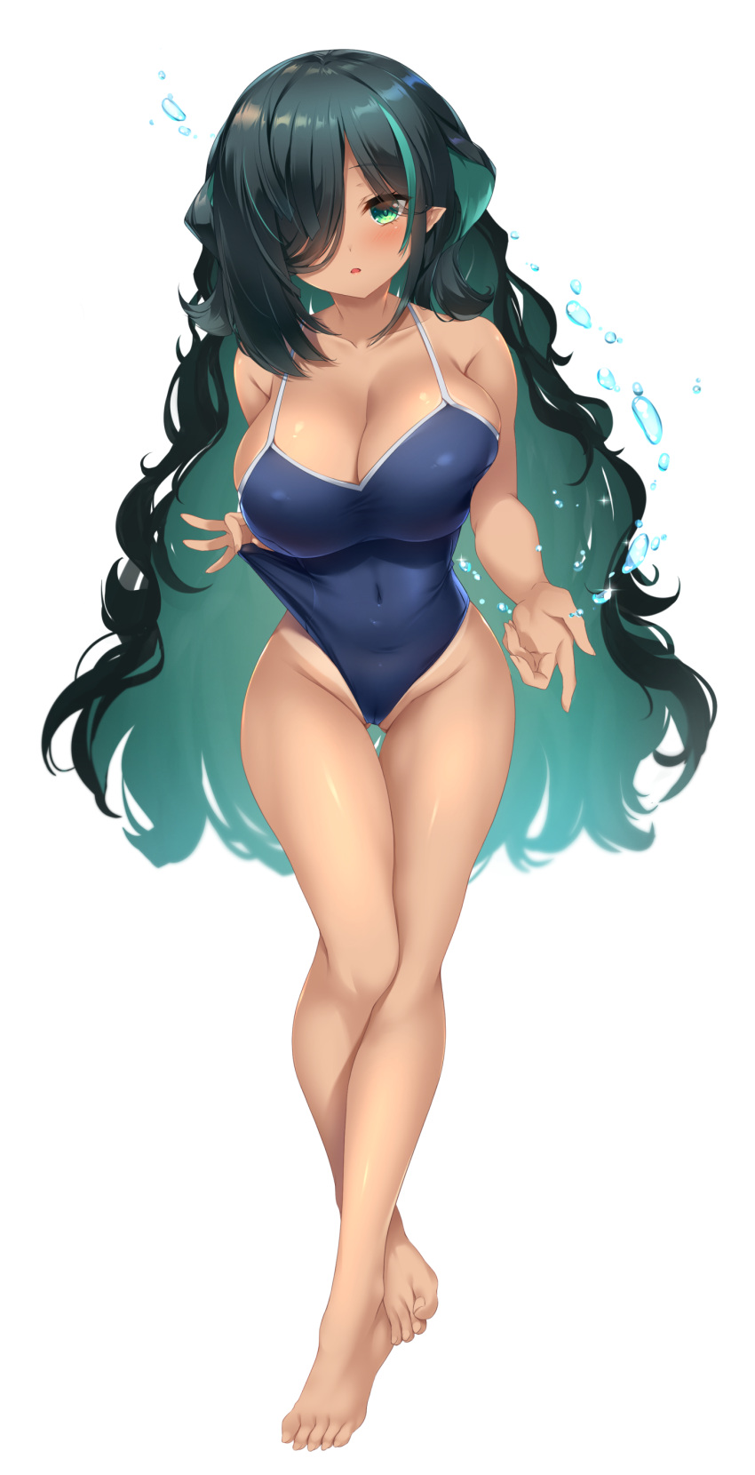 1girl absurdres amakarashi bare_shoulders barefoot black_hair blue_one-piece_swimsuit breasts cameltoe character_request collarbone colored_inner_hair commission competition_school_swimsuit covered_navel dark-skinned_female dark_skin full_body green_hair hair_over_one_eye highres large_breasts multicolored_hair one-piece_swimsuit parted_lips pixiv_commission pointy_ears school_swimsuit solo streaked_hair succubus_academia swimsuit tan tanlines thigh_gap water