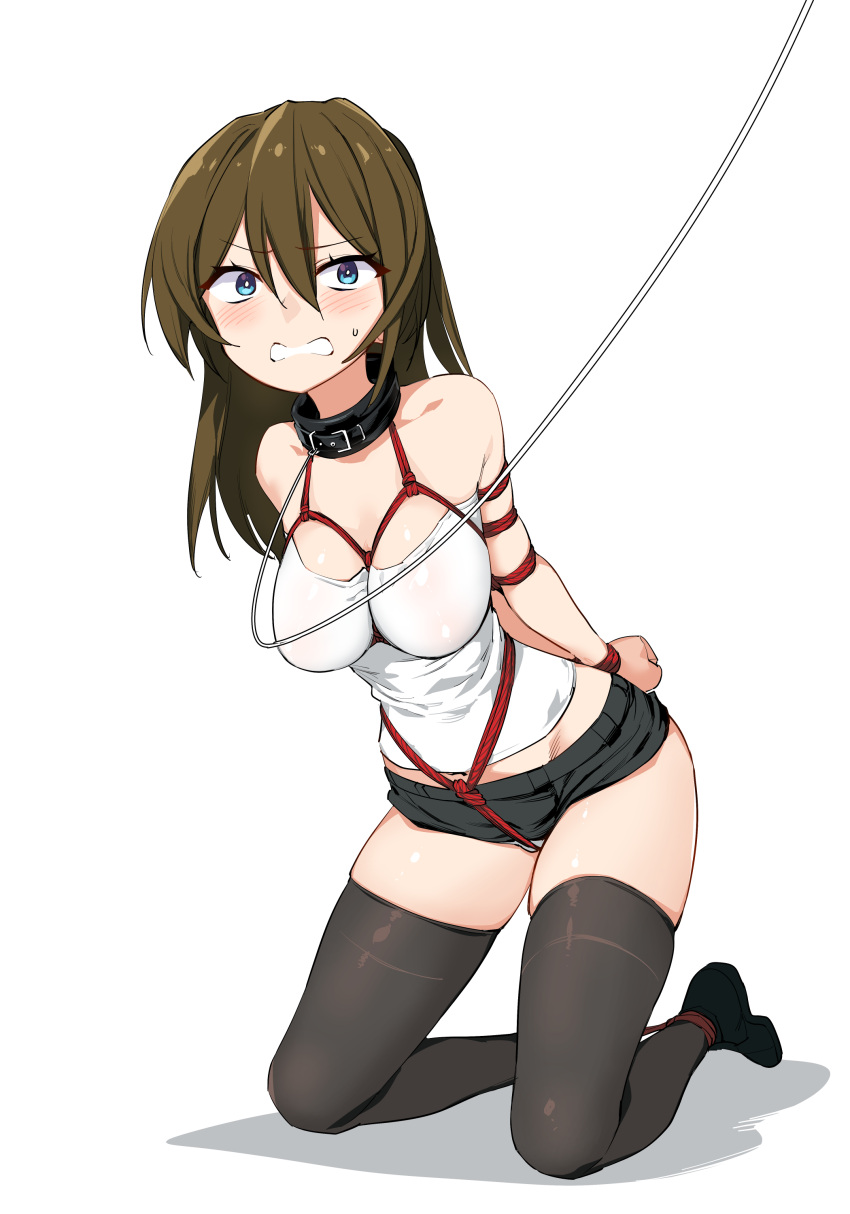 1girl absurdres animal_collar arms_behind_back bdsm black_shorts black_thighhighs blue_eyes blush bondage bound bound_ankles breast_bondage breasts brown_hair clenched_teeth collar crotch_rope hair_between_eyes highres kinbakuman kneeling leash leather_collar long_hair medium_breasts original red_rope rope shadow shibari shibari_over_clothes shirt short_shorts shorts simple_background skindentation solo sweatdrop teeth thighhighs white_background white_mouth white_shirt