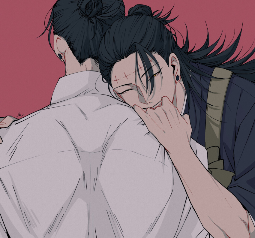 2boys back black_hair black_kimono collared_shirt dual_persona earrings getou_suguru getou_suguru_(kenjaku) hair_bun highres japanese_clothes jewelry kesa kimono long_hair looking_at_viewer multiple_boys red_background scar scar_on_face scar_on_forehead shirt simple_background stitched_face stitches stud_earrings white_shirt y_skk