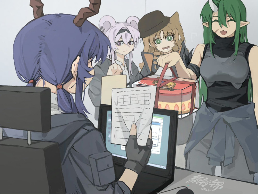 4girls animal_ears arknights black_gloves black_hairband black_headwear black_jacket black_shirt blue_hair bright_pupils cake ch'en_(arknights) chinese_commentary closed_eyes closed_mouth clothes_around_waist commentary_request computer desk dragon_horns drill_hair fingerless_gloves food fruit gloves green_eyes green_hair grey_pants hairband highres holding holding_cake holding_food holding_paper hood hood_down horns hoshiguma_(arknights) indoors jacket jacket_around_waist laptop lin_(arknights) long_hair mouse_ears multiple_girls open_mouth orange_hair pants paper pointy_ears purple_eyes purple_hair scar scar_on_face shirt single_horn sleeveless sleeveless_shirt smile strawberry swire_(arknights) tiger_ears twintails white_pupils yanlingjinshilihuahua