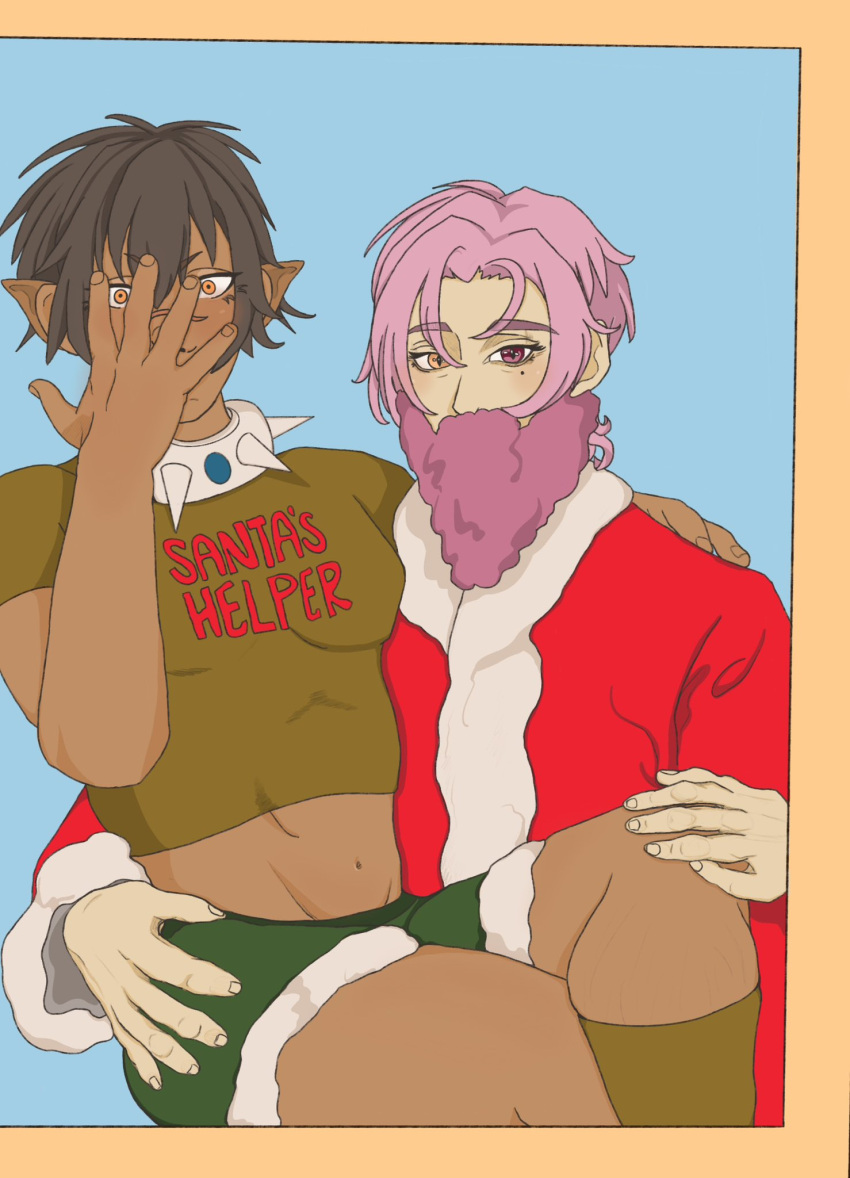 beard bottomwear brown_body brown_skin christmas clothing collar costume crop_top duo facial_hair heterochromia hi_res holidays hotpants human humanoid humanoid_pointy_ears karu_(nu:_carnival) kuya_(nu:_carnival) male mammal not_furry nu:_carnival pale_skin santa_costume sapphicshualing shirt shorts spiked_collar spikes topwear