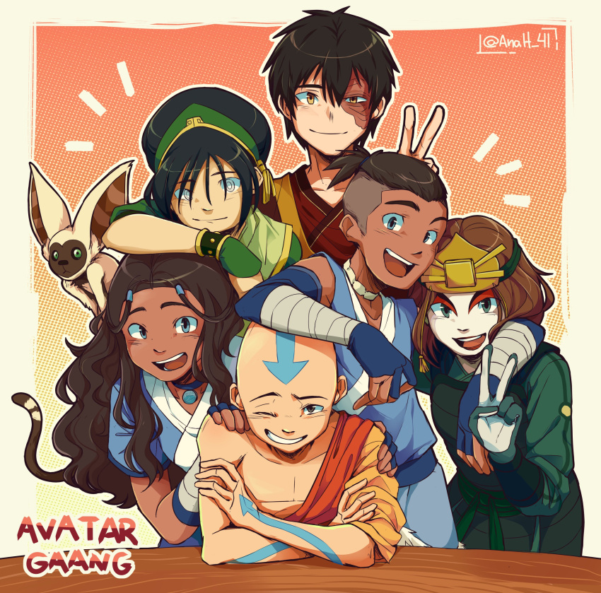 3boys 3girls aang absurdres anah_41 artist_name avatar:_the_last_airbender avatar_legends bald blind blue_eyes character_request child commentary dark-skinned_female dark_skin english_commentary english_text green_eyes highres katara kyoshi_(avatar) long_hair looking_at_viewer male_focus momo_(avatar) multiple_boys multiple_girls open_mouth scar simple_background smile sokka toph_bei_fong v yellow_eyes zuko