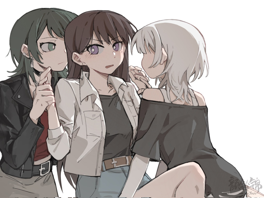 3girls bang_dream! bang_dream!_it's_mygo!!!!! belt between_legs black_jacket black_shirt blush bra_strap bright_pupils brown_hair chinese_commentary closed_mouth commentary_request earclip earrings expressionless girl_sandwich green_eyes green_hair grey_skirt highres holding_hands jacket jewelry kaname_raana leather leather_jacket long_hair long_sleeves medium_hair multiple_girls off-shoulder_shirt off_shoulder purple_eyes red_shirt sandwiched shiina_taki shirt simple_background skirt white_background white_hair white_jacket white_pupils wolf_cut yahata_umiri yanlingjinshilihuahua yuri