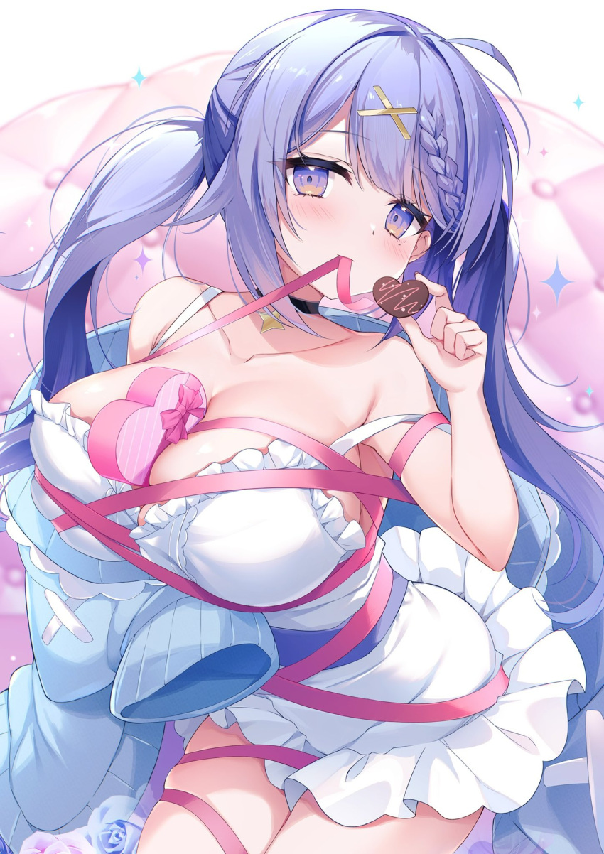 1girl ahoge amakarashi between_breasts black_choker blue_cardigan box braid breasts candy cardigan chocolate choker cleavage collarbone dress flower food frilled_dress frills hair_ornament heart heart-shaped_box heart-shaped_chocolate highres holding holding_chocolate holding_food indie_virtual_youtuber large_breasts mole mole_under_eye mouth_hold pink_ribbon purple_eyes purple_flower purple_hair purple_rose ribbon ribbon_in_mouth rose second-party_source solo sparkle strap_slip twintails white_dress x_hair_ornament yunico_(vtuber)
