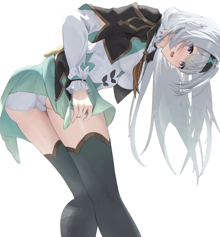 1girl absurdres ass bakemonsou black_hairband black_jacket commentary firefly_(honkai:_star_rail) grey_eyes grey_hair hairband highres honkai:_star_rail honkai_(series) jacket kneepits leaning_forward long_hair long_sleeves looking_at_viewer looking_back neckerchief open_mouth orange_neckerchief panties simple_background solo underwear white_background white_panties
