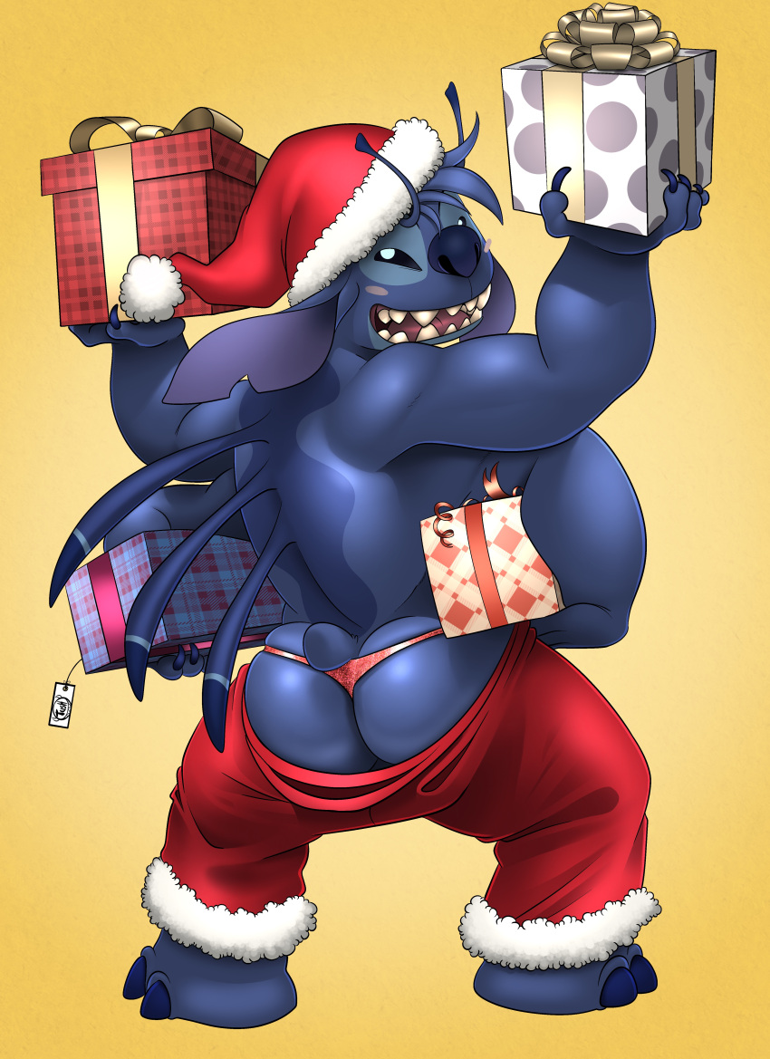 2023 4_arms 4_fingers absurd_res alien antennae_(anatomy) anthro anthrofied back_markings back_spines backsack balls barely_visible_balls barely_visible_genitalia biped blue_body blue_claws blue_fur blue_nose blush blush_stickers bottomwear bubble_butt butt christmas christmas_clothing christmas_headwear claws clothing digital_drawing_(artwork) digital_media_(artwork) dipstick_antennae disney ears_down experiment_(lilo_and_stitch) exposed_butt finger_claws fingers fur genitals gift gift_box gift_tag gradient_background hat headgear headwear hi_res holding_gift holding_object holidays lilo_and_stitch looking_at_viewer looking_back looking_back_at_viewer male markings multi_arm multi_limb multicolored_antennae narrowed_eyes notched_ear open_mouth open_smile pants pivoted_ears rear_view red_bottomwear red_clothing red_pants red_thong red_underwear santa_hat shaded simple_background small_tail smile soft_shading solo standing stitch_(lilo_and_stitch) tail thong toe_claws tush underwear yellow_background