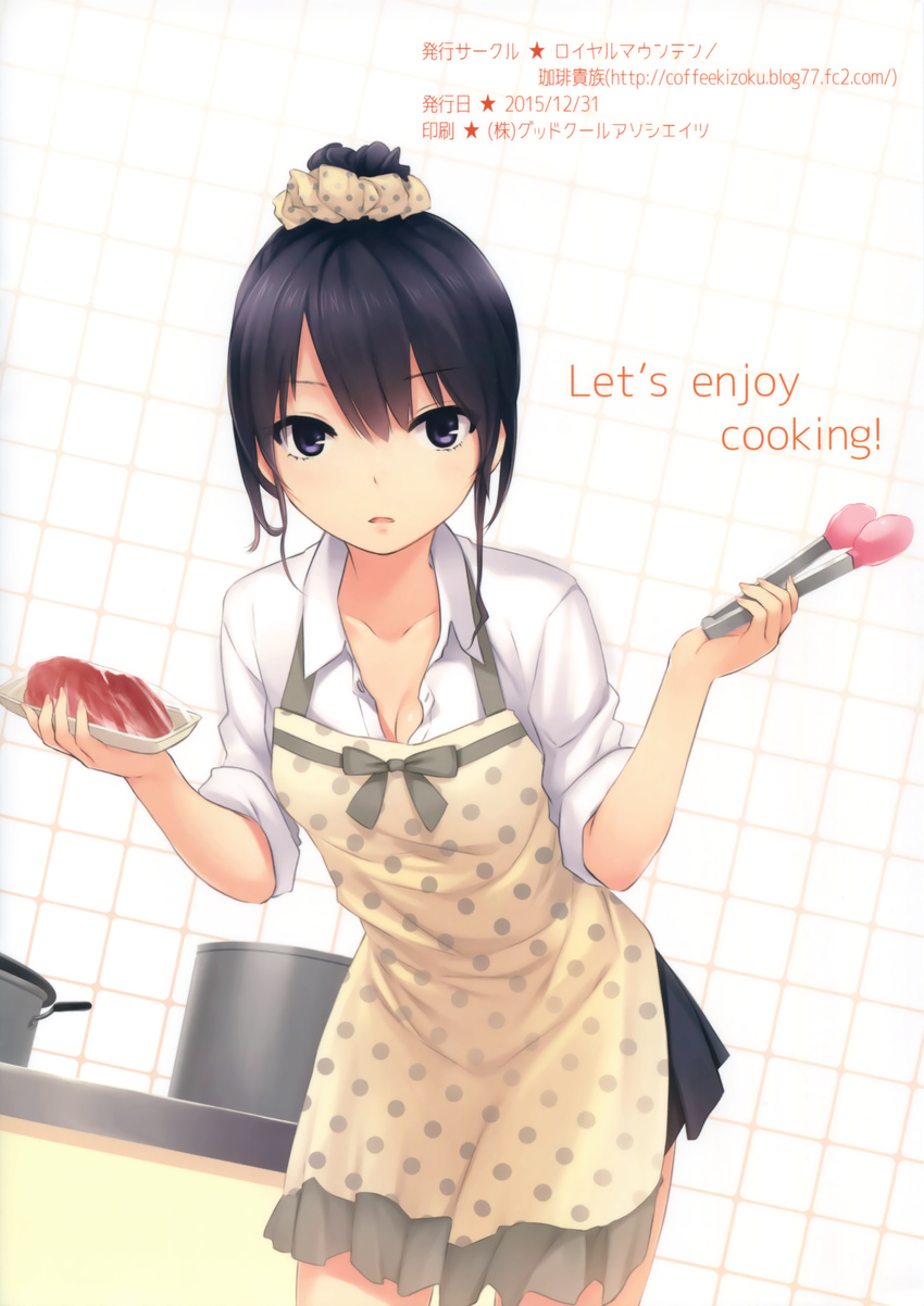 absurdres apron black_eyes black_hair black_skirt breasts cleavage coffee-kizoku collarbone english eyebrows_visible_through_hair hair_ornament hair_scrunchie highres holding leaning_forward looking_at_viewer medium_breasts open_clothes open_shirt original parted_lips pleated_skirt polka_dot polka_dot_apron polka_dot_scrunchie scrunchie shiramine_rika shirt short_hair skirt solo standing tongs white_shirt
