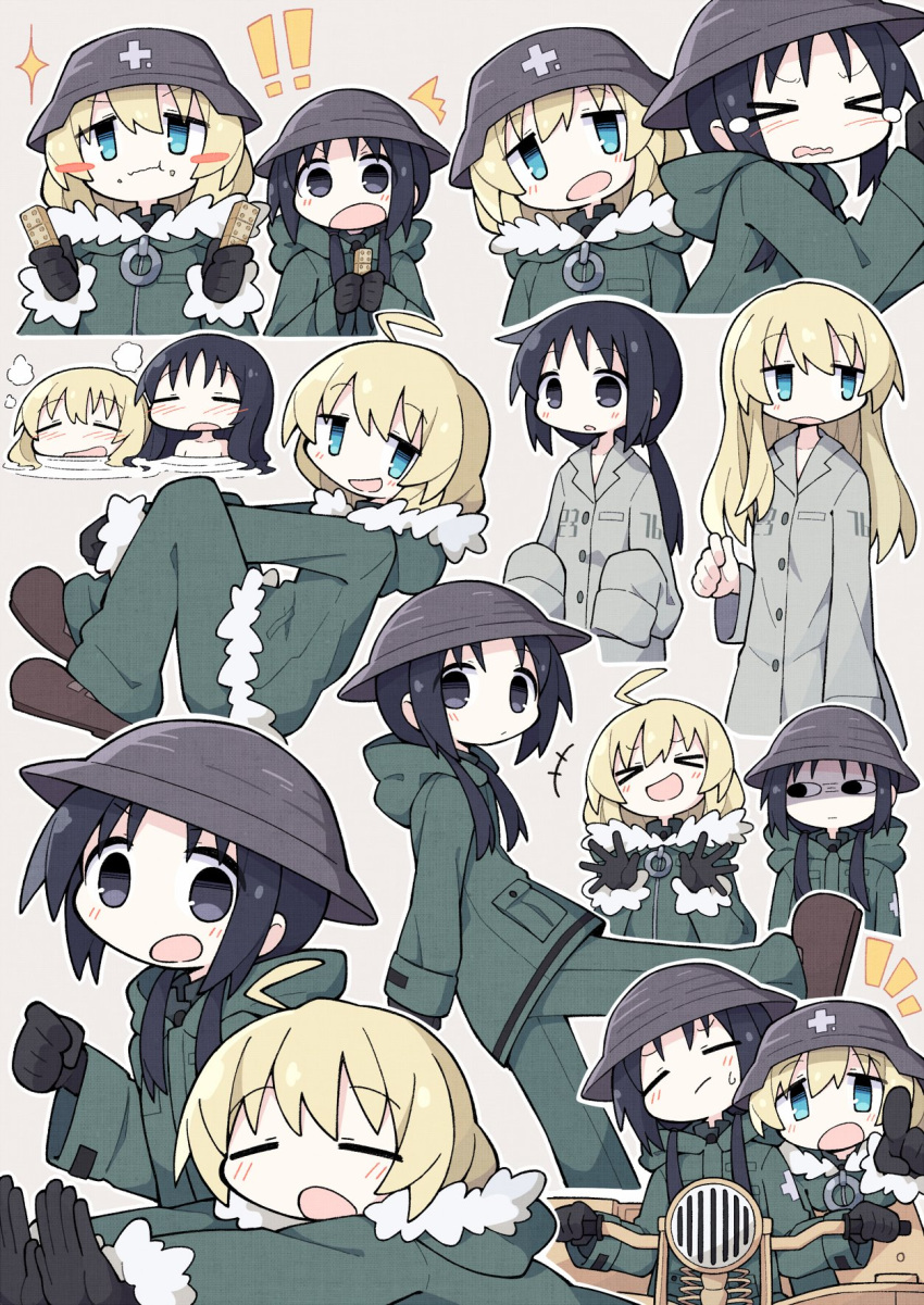 &gt;_&lt; 2girls asameshi black_gloves black_hair black_headwear blonde_hair brown_eyes chito_(shoujo_shuumatsu_ryokou) combat_helmet eating fur-trimmed_jacket fur_trim gloves green_jacket green_pants helmet highres jacket kettenkrad multiple_girls multiple_views onsen pants shoujo_shuumatsu_ryokou yuuri_(shoujo_shuumatsu_ryokou)