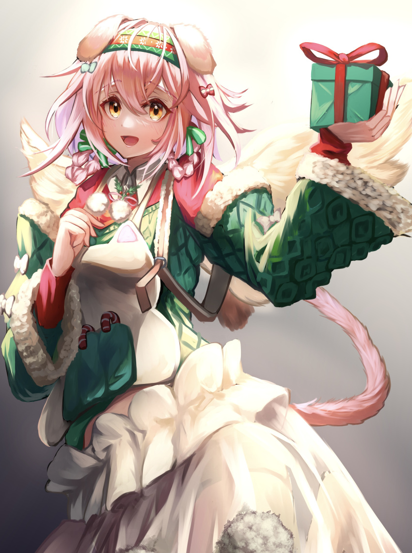 1girl absurdres angel_wings animal_ears arknights bow braid candy candy_cane cat_ears cat_girl cat_tail fake_wings floppy_ears flower food fur-trimmed_sleeves fur-trimmed_sweater fur_trim gift goldenglow_(arknights) goldenglow_(maiden_for_the_bright_night)_(arknights) green_bow green_sleeves green_sweater hair_bow hairband highres holding holding_gift holly kurosabi_neko long_sleeves looking_at_viewer official_alternate_costume orange_eyes pink_hair poinsettia pom_pom_(clothes) print_hairband red_bow red_hairband shirt skirt smile solo sweater tail tail_bow tail_ornament white_skirt wings