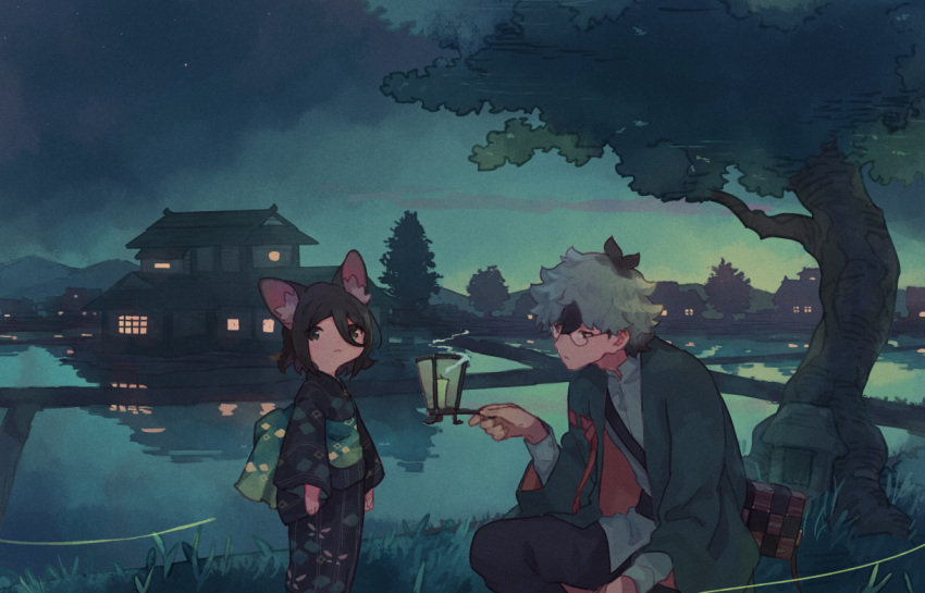 1boy 1girl animal_ear_fluff animal_ears black_eyes black_hair black_pants box candle cat_ears cat_girl closed_mouth dusk expressionless green_jacket green_kimono green_sash grey_shirt hair_between_eyes holding holding_lantern house jacket japanese_clothes kimono lantern long_sleeves looking_at_viewer mountainous_horizon multicolored_hair night original outdoors pants reflection reflective_water rice_paddy sash shirt short_hair sky smoke_trail squatting standing strap tree two-tone_hair urabe_(mstchan) white_hair wide_sleeves