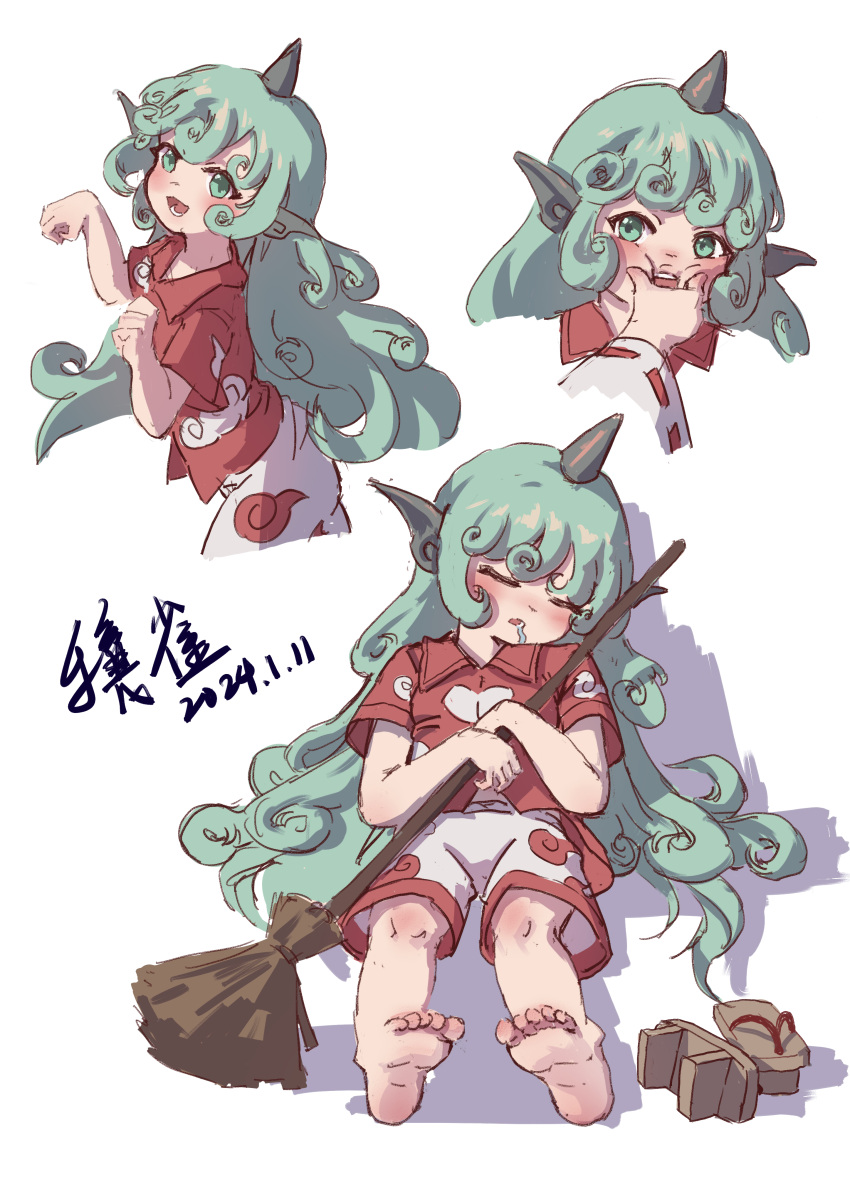 2girls absurdres artist_name barefoot broom cloud_print collared_shirt curly_hair geta green_eyes green_hair hakurei_reimu highres horns kariyushi_shirt komano_aunn long_hair multiple_girls multiple_views open_mouth rangque_(user_vjjs4748) red_shirt shirt shorts signature simple_background single_horn soles toes touhou white_background white_shorts