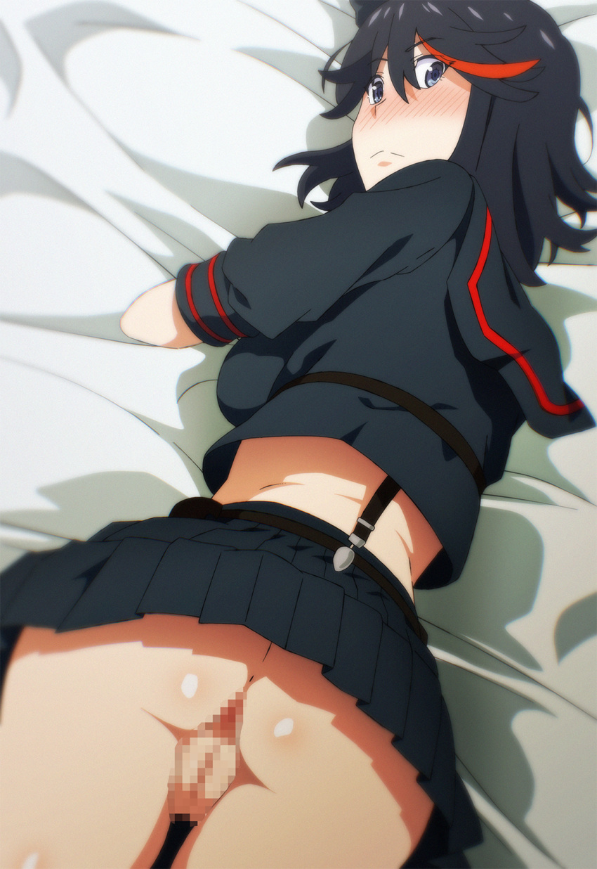 1girl :&lt; anus ass ass_focus bed black_hair blue_eyes blush censored commentary english_commentary from_behind highres jamesmikopi kill_la_kill looking_at_viewer lying matoi_ryuuko midriff mosaic_censoring multicolored_hair no_panties on_bed on_stomach pussy red_hair short_hair solo streaked_hair suspenders two-tone_hair
