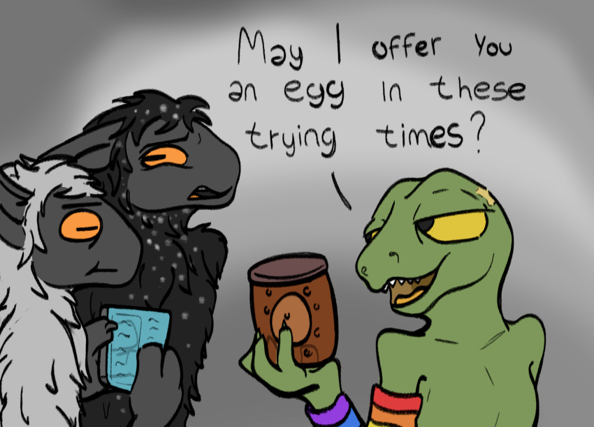 anthro clothing dialogue egg english_text female food group harchen_(the_nature_of_predators) meme multicolored_clothing naysayingmongrel offering_food rainbow_clothing text the_nature_of_predators trio venlil_(the_nature_of_predators)