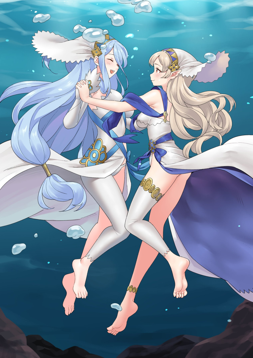 2girls air_bubble azura_(fire_emblem) barefoot blue_hair blush breasts bubble closed_eyes corrin_(female)_(adrift)_(fire_emblem) corrin_(female)_(fire_emblem) corrin_(fire_emblem) cousins dress elbow_gloves feet fire_emblem fire_emblem_fates fire_emblem_heroes gloves hair_between_eyes highres igni_tion incest long_hair multiple_girls official_alternate_costume pointy_ears red_eyes smile soles submerged swimming toes underwater veil very_long_hair white_dress yuri