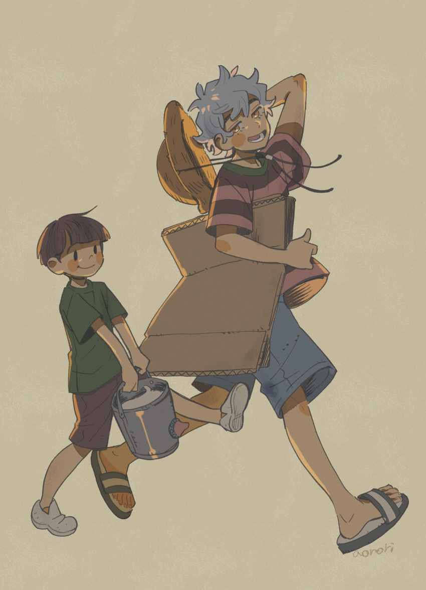 2boys aonori_maeba arm_behind_head blue_shorts blush boku_(boku_no_natsuyasumi) boku_no_natsuyasumi bowl_cut brown_background brown_hair brown_shorts bucket cardboard carrying carrying_under_arm child commentary_request from_side full_body green_shirt grey_hair half-closed_eyes hat hat_on_back highres holding holding_bucket jack-o'_ran-tan looking_at_viewer looking_to_the_side male_focus multiple_boys no_sclera no_socks orange_eyes purple_shirt sandals shirt shoes short_hair short_sleeves shorts simple_background smile solid_oval_eyes straw_hat striped_clothes striped_shirt t-shirt v_arms walking
