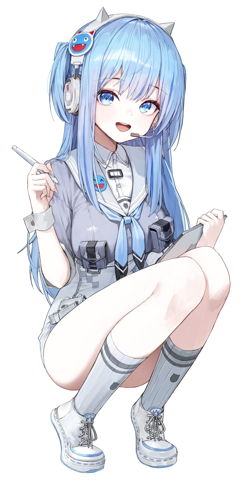 1girl absurdres animal_ear_headphones animal_ears blue_eyes blue_hair blue_neckerchief commentary cross-laced_footwear fake_animal_ears full_body gnns goddess_of_victory:_nikke grey_shirt grey_skirt grey_socks headphones high-waist_skirt highres holding holding_stylus holding_tablet_pc light_blue_hair looking_at_viewer neckerchief open_mouth shifty_(nikke) shirt short_sidetail skirt sleeves_rolled_up smile socks solo squatting stylus tablet_pc thighs tiptoes white_footwear white_headphones white_wrist_cuffs wrist_cuffs