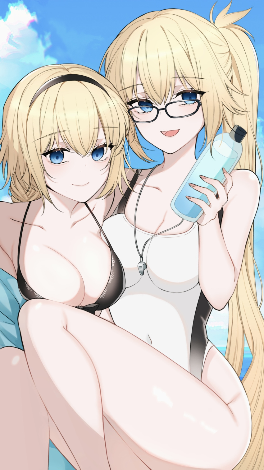 2girls absurdres bare_shoulders bikini black_bikini blonde_hair blue_eyes blue_jacket bottle breasts cleavage competition_swimsuit covered_navel dual_persona fate/grand_order fate_(series) glasses hairband highres holding holding_bottle jacket jeanne_d'arc_(fate) jeanne_d'arc_(swimsuit_archer)_(fate) jeanne_d'arc_(swimsuit_archer)_(first_ascension)_(fate) jeanne_d'arc_(swimsuit_archer)_(second_ascension)_(fate) large_breasts long_hair looking_at_viewer mati5572 multiple_girls one-piece_swimsuit open_mouth ponytail smile swimsuit whistle whistle_around_neck white_one-piece_swimsuit