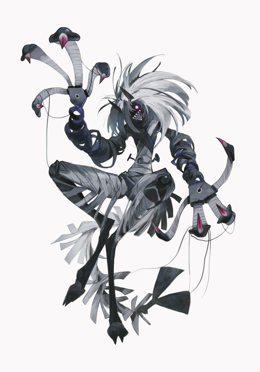 bandaid claws digitigrade full_body grey_hair highres horns kamikiririp large_hands mechanical_parts nail open_mouth original sharp_teeth smile solo tail teeth white_background white_eyes white_hair wire