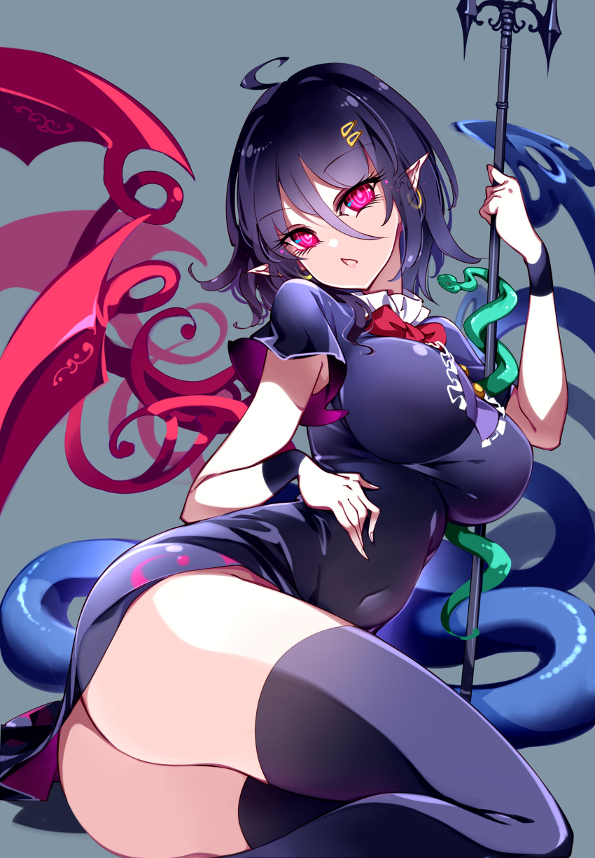 1girl absurdres ahoge ass ass_focus asymmetrical_wings black_dress black_hair black_thighhighs blue_wings bow bowtie breasts dress grey_background highres houjuu_nue looking_at_viewer medium_breasts open_mouth pointy_ears polearm raptor7 red_bow red_bowtie red_eyes red_wings short_hair short_sleeves simple_background solo thighhighs thighs touhou trident weapon wings