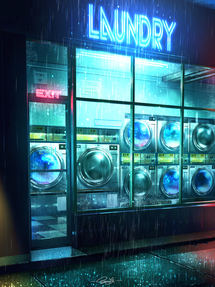 absurdres artist_name clothes_dryer door exit_sign highres laundromat neon_lights night no_humans original outdoors rain scenery smile_(qd4nsvik) washing_machine window