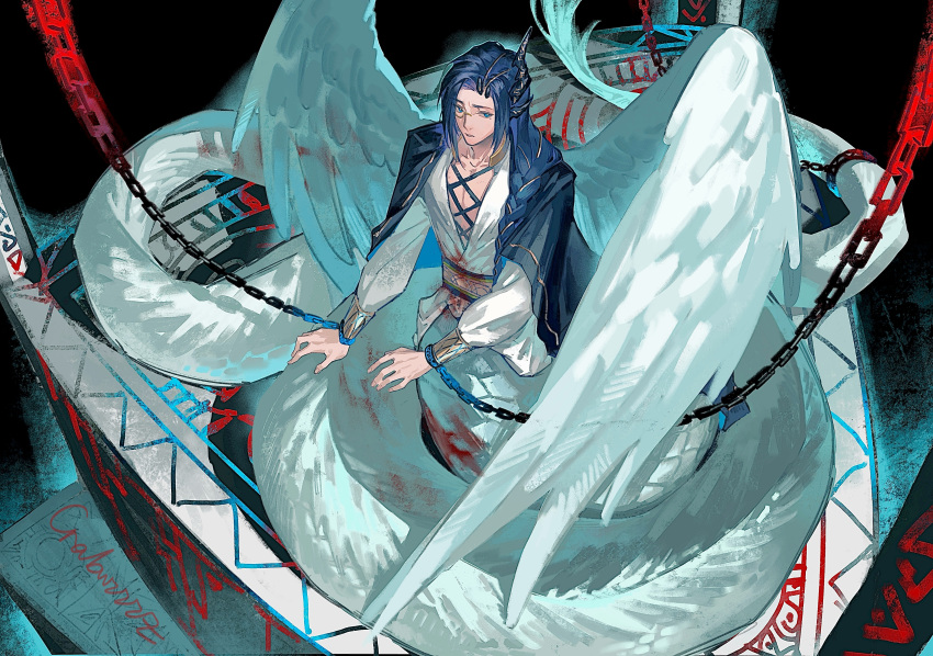 1boy absurdres artist_name black_cape black_horns black_sash blood blood_on_body blood_on_clothes blue_eyes blue_hair bottomless braid cape chained_wrists clarence_clayden collarbone crabwzzzz cross-laced_clothes dark_blue_hair feathered_wings full_body hair_over_shoulder highres horns lamia_boy long_hair long_sleeves looking_at_viewer lovebrush_chronicles male_focus mole mole_under_eye monocle monster_boy parted_bangs parted_lips pectoral_cleavage pectorals pedestal pillar ribbon ribbon_braid sash second-party_source shirt single_braid single_horn solo white_shirt white_wings wings yellow_ribbon
