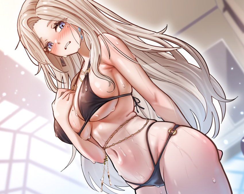 bikini black_bikini blonde_hair blue_eyes blurry blurry_background blush breasts earrings gotica hand_on_own_chest highres jewelry large_breasts lee_rein long_hair mole mole_on_breast mole_under_eye multi-strapped_bikini_bottom navel o-ring o-ring_bikini parted_lips swimsuit virtual_youtuber vlyz wet wet_bikini