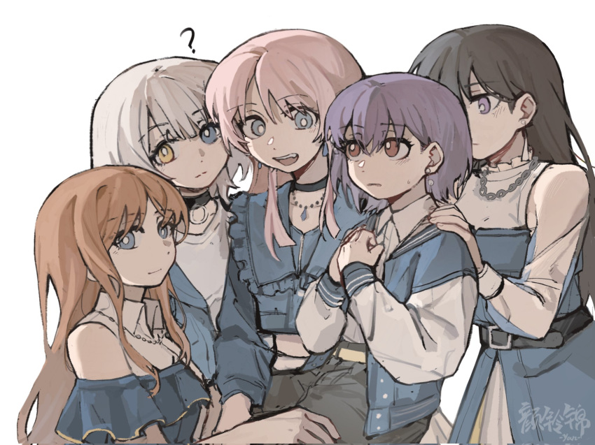 ? bang_dream! bang_dream!_it's_mygo!!!!! belt black_choker black_hair black_pants blue_dress blue_eyes blue_shirt blush bright_pupils brown_hair chain_necklace chihaya_anon chinese_commentary choker closed_mouth collared_shirt commentary_request dress earrings hand_on_another's_shoulder heterochromia highres jewelry kaname_raana long_hair long_sleeves looking_at_viewer nagasaki_soyo necklace off-shoulder_dress off_shoulder open_mouth pants parted_lips pink_hair purple_eyes red_eyes shiina_taki shirt short_hair simple_background sitting sitting_on_lap sitting_on_person sleeveless sleeveless_shirt smile sweatdrop takamatsu_tomori white_background white_pupils white_shirt yanlingjinshilihuahua yellow_eyes