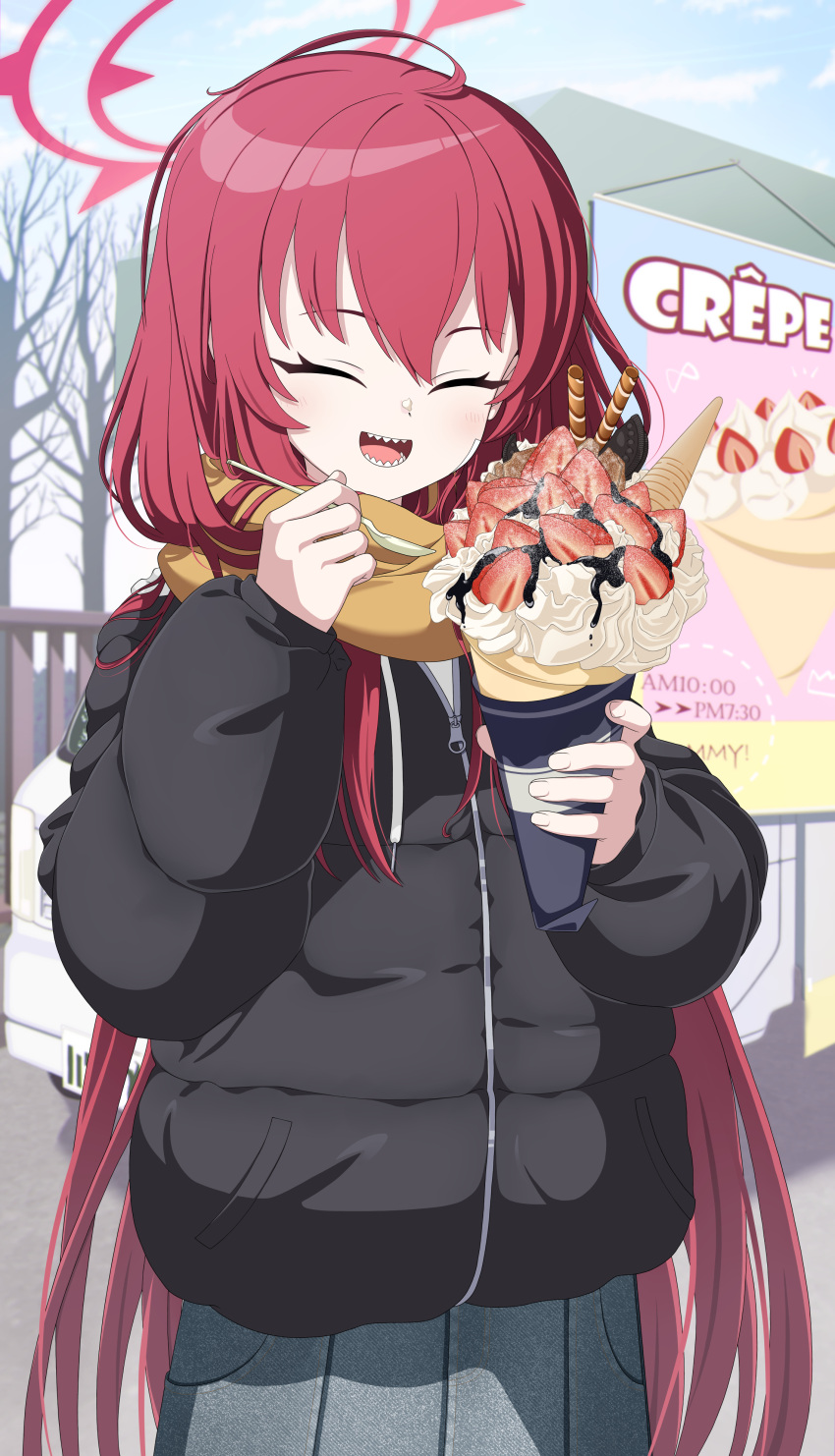 1girl absurdres black_jacket blue_archive blush closed_eyes crepe day facing_viewer food grey_skirt halo highres holding holding_food holding_spoon jacket kokolokokomika long_hair long_sleeves open_mouth outdoors pleated_skirt rabu_(blue_archive) red_hair red_halo scarf sharp_teeth skirt smile solo spoon teeth yellow_scarf
