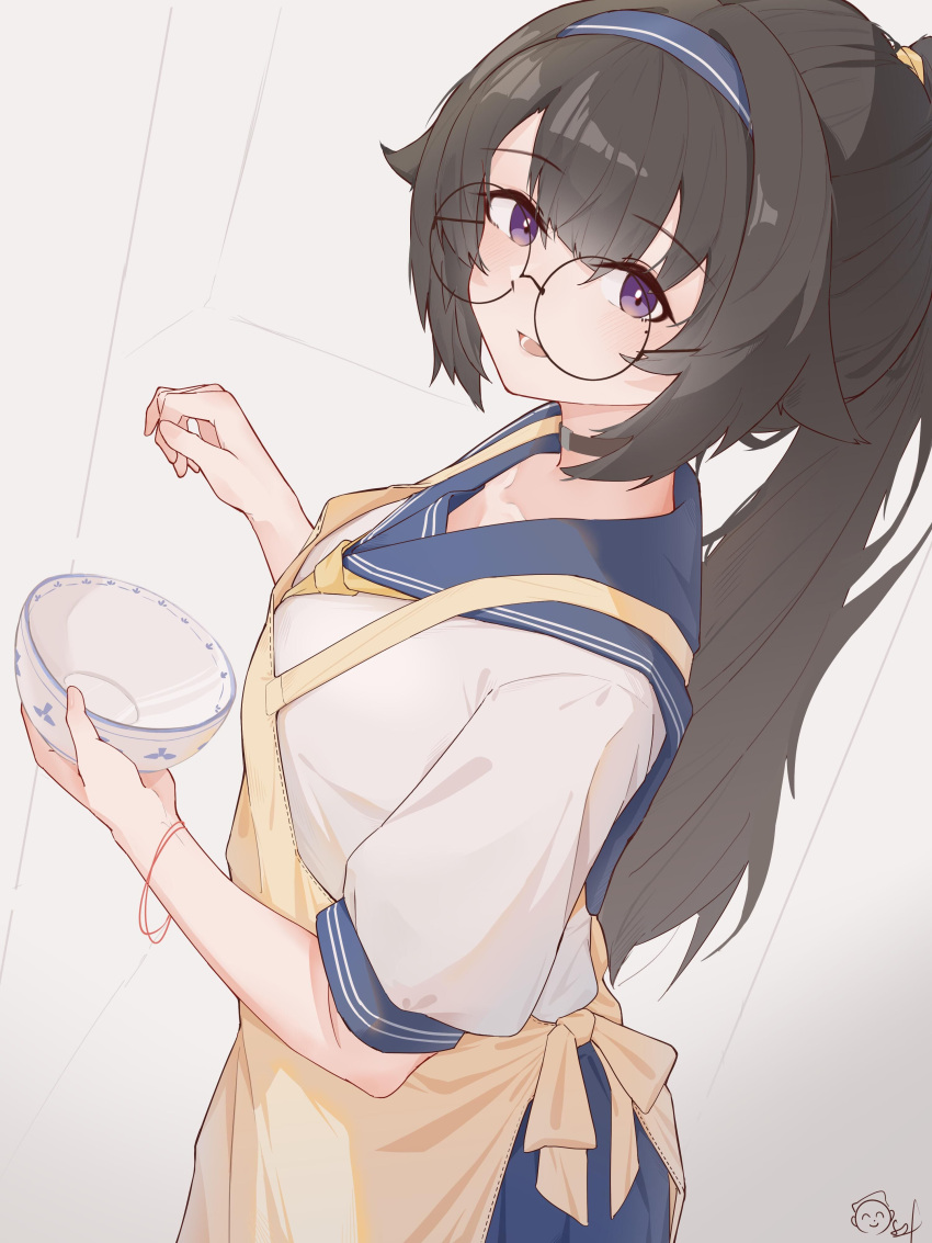 1girl absurdres alternate_hairstyle apron bespectacled black_hair blue_hairband blue_sailor_collar blue_skirt bowl girls'_frontline glasses hairband highres holding holding_bowl long_hair looking_at_viewer lower_teeth_only neckerchief open_mouth pleated_skirt ponytail purple_eyes round_eyewear sailor_collar school_uniform serafuku simple_background sitar4081 skirt smile solo super_sass_(girls'_frontline) teeth upper_body yellow_apron yellow_neckerchief