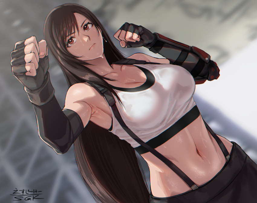 1girl armpits bare_shoulders black_hair black_skirt breasts crop_top dangle_earrings earrings elbow_gloves elbow_pads final_fantasy final_fantasy_vii fingerless_gloves gloves jewelry large_breasts long_hair looking_at_viewer low-tied_long_hair midriff navel red_eyes sgk shirt single_elbow_pad skirt solo suspender_skirt suspenders suspenders_gap sweat tank_top taut_clothes taut_shirt teardrop_earrings tifa_lockhart white_tank_top