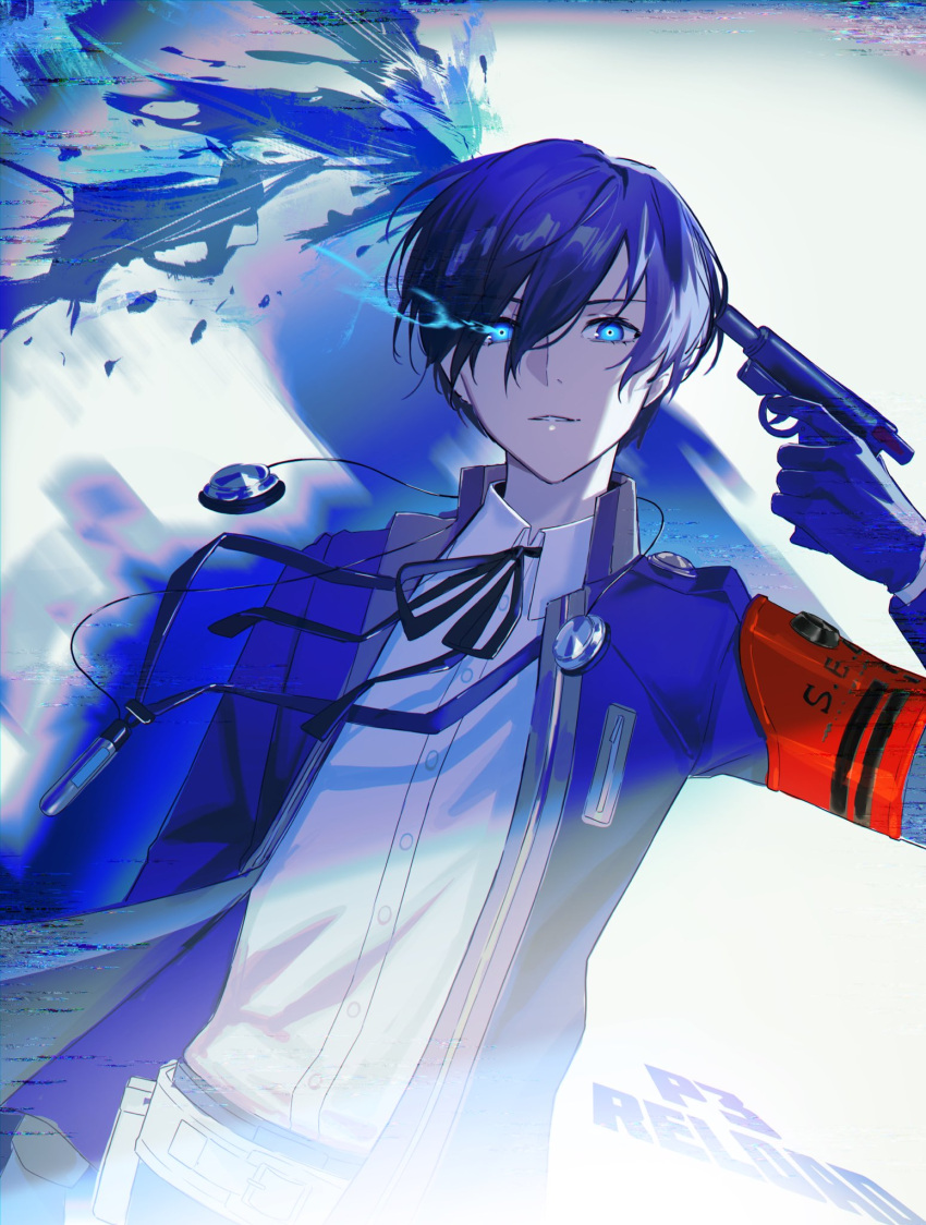 1boy belt black_gloves black_jacket black_ribbon blue_eyes blue_hair collared_shirt digital_media_player evoker gekkoukan_high_school_uniform gloves glowing glowing_eyes gun headphones headphones_around_neck highres holding holding_gun holding_weapon jacket kawausoman looking_at_viewer male_focus neck_ribbon open_clothes open_jacket parted_lips persona persona_3 persona_3_reload pointing pointing_at_self ribbon s.e.e.s school_uniform shirt short_hair solo upper_body weapon white_shirt yuuki_makoto_(persona_3)