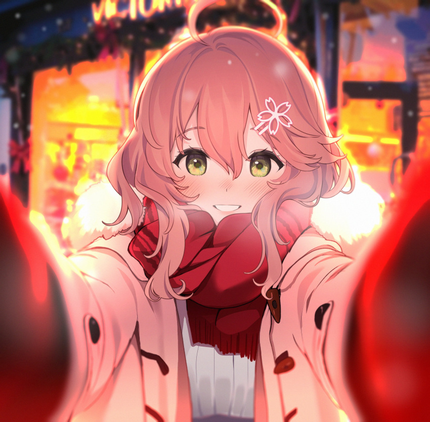 14_(vision5032) 1girl absurdres ahoge alternate_costume blush coat double-parted_bangs duffel_coat enpera fur_trim gloves green_eyes grin hair_between_eyes hair_ornament hairclip hashtag_only_commentary highres hololive looking_at_viewer meme nose_blush open_clothes open_coat outdoors pink_hair pov pov_cheek_warming_(meme) reaching reaching_towards_viewer red_gloves red_scarf ribbed_shirt sakura_miko scarf shirt shop smile snowing solo upper_body virtual_youtuber white_coat white_shirt winter winter_clothes winter_coat