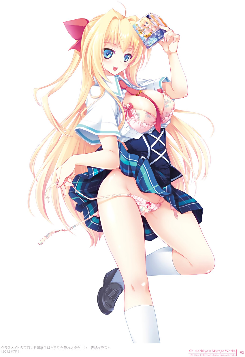 bra cleavage open_shirt pantsu seifuku shimachiyo skirt_lift string_panties undressing