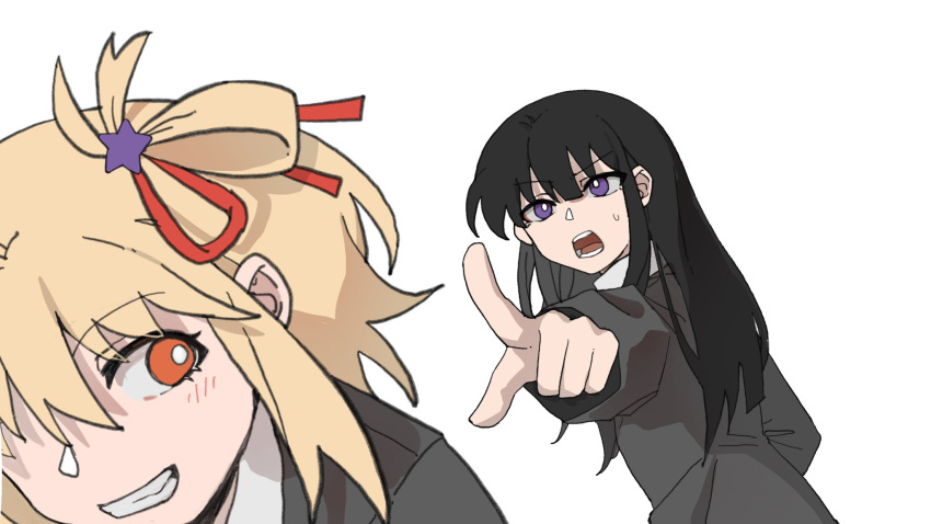 2girls black_hair black_jacket blonde_hair blush bright_pupils chinese_commentary collared_shirt commentary_request grin hair_ornament hair_ribbon highres inoue_takina jacket long_hair long_sleeves looking_at_another lycoris_recoil medium_hair multiple_girls nishikigi_chisato one_side_up open_mouth orange_eyes pointing pointing_at_another purple_eyes red_ribbon ribbon school_uniform shirt simple_background smile star_(symbol) star_hair_ornament sweatdrop white_background white_pupils white_shirt yanlingjinshilihuahua