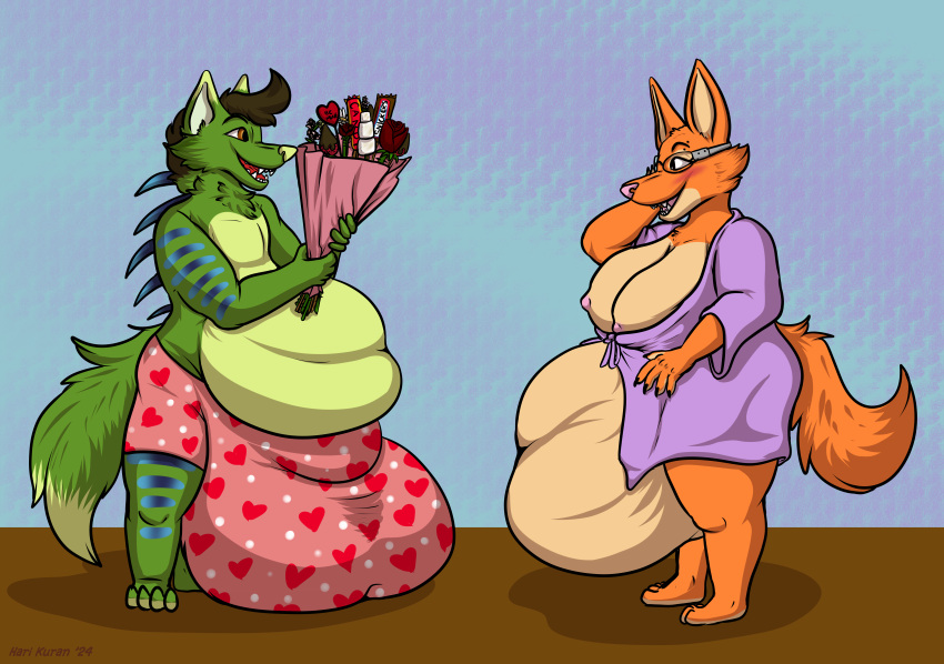 absurd_res bouquet breasts candy canid canine dessert diane diane-foxington female flower food fox furry harikuran hi_res holidays hyper male mammal marshmallow obese overweight plant rose_(flower) valentine's_day