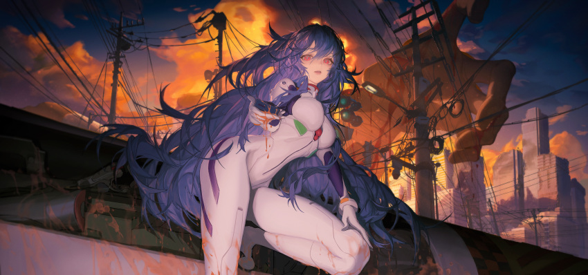 1girl absurdres atomicxx ayanami_rei bad_leg blue_hair breasts building chinese_commentary city disembodied_limb giant_hand grey_pupils heel_up highres long_hair looking_at_viewer medium_breasts narrow_waist neon_genesis_evangelion orange_clouds outdoors parted_lips plugsuit power_lines red_eyes sky skyscraper solo thighs utility_pole very_long_hair wet