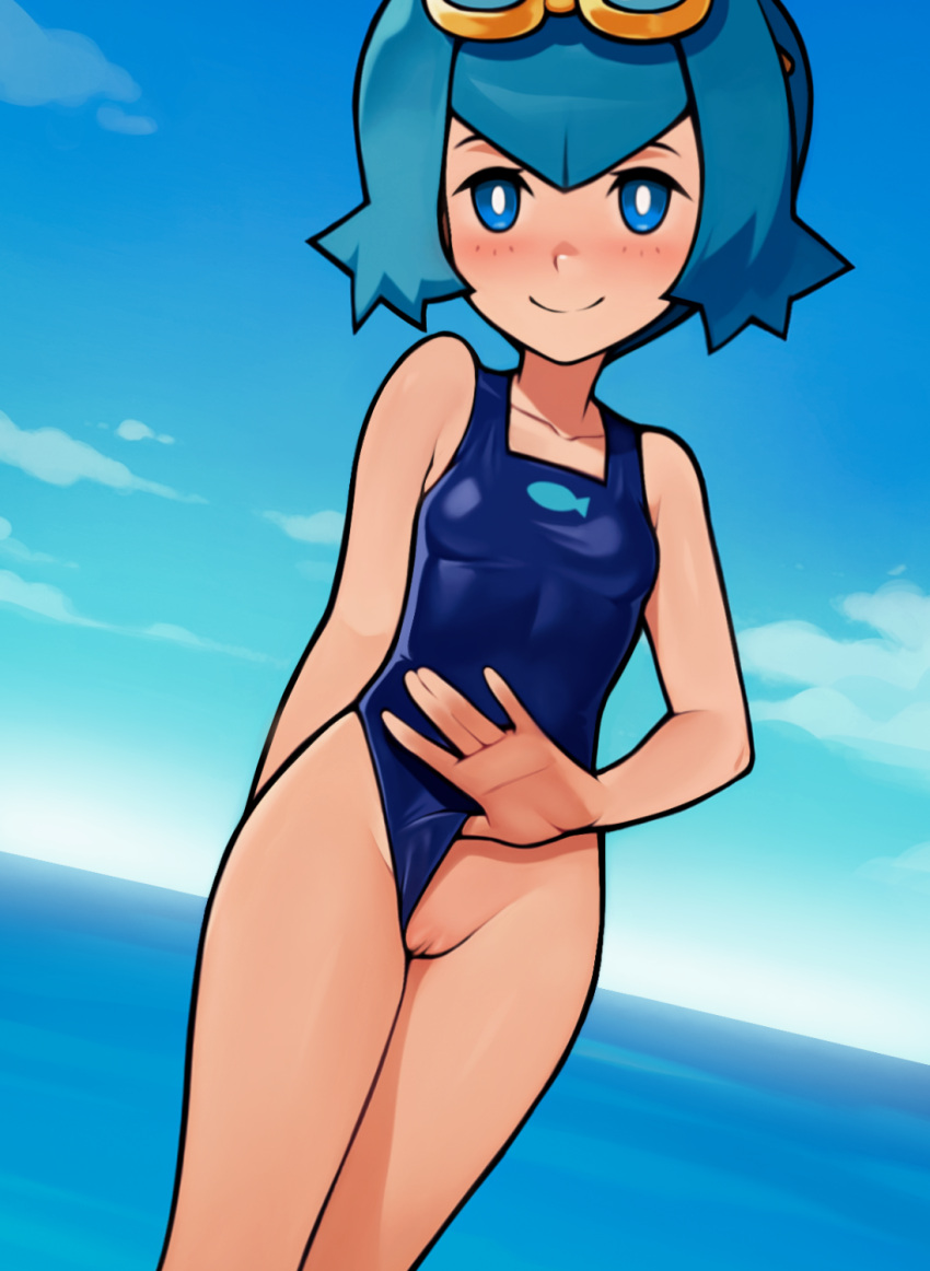 1girl animal_print aqua_hair blue_eyes blue_one-piece_swimsuit blush breasts bright_pupils closed_mouth clothing_aside cloud collarbone commentary day eyelashes fish_print goggles goggles_on_head highres lana_(pokemon) loodncrood no_sclera one-piece_swimsuit outdoors pokemon pokemon_sm pussy revision short_hair sky smile solo swimsuit swimsuit_aside uncensored water white_pupils