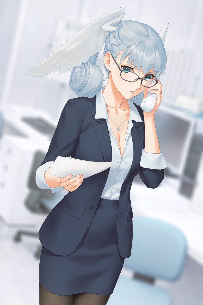 1girl black-framed_eyewear blurry blurry_background breasts cleavage collared_shirt cowboy_shot dutch_angle grey_eyes grey_hair head_wings highres holding holding_paper holding_phone indoors jewelry looking_at_viewer melia_antiqua miura-n315 office pantyhose paper pencil_skirt pendant phone shirt skirt skirt_suit solo suit wings xenoblade_chronicles_(series) xenoblade_chronicles_1