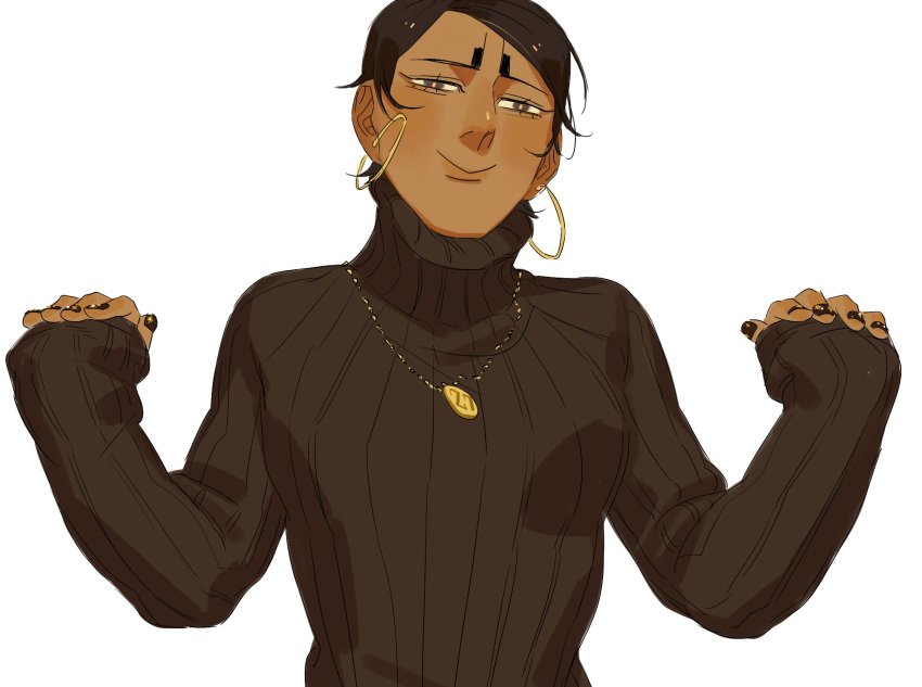 1girl bright_pupils brown_eyes brown_hair brown_nails brown_sweater chengongzi123 closed_mouth dark-skinned_female dark_skin earrings genderswap genderswap_(mtf) gold_necklace golden_kamuy hands_up highres hoop_earrings jewelry koito_otonoshin long_sleeves looking_at_viewer necklace short_hair simple_background sleeves_past_wrists smile solo sweater turtleneck turtleneck_sweater upper_body white_background