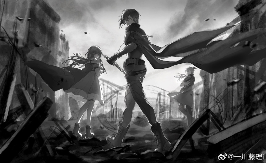 1girl 2boys ahoge ankle_boots asymmetrical_sidelocks ayn_alwyn belt blunt_bangs boots bracelet building cape cloak closed_mouth coat cross-laced_footwear crossed_arms dagger dress gloves greyscale hair_between_eyes hair_over_shoulder heroine_(lovebrush_chronicles) highres holding holding_dagger holding_knife holding_weapon jacket jewelry knife lace-up_boots long_hair long_sleeves looking_at_viewer looking_back looking_to_the_side lovebrush_chronicles low_ponytail monochrome multiple_boys o'connor_(lovebrush_chronicles) outdoors pants reverse_grip ruins scarf shirt short_hair smile smoke standing tassel thigh_strap walking weapon weibo_logo weibo_username yichuan_tengli