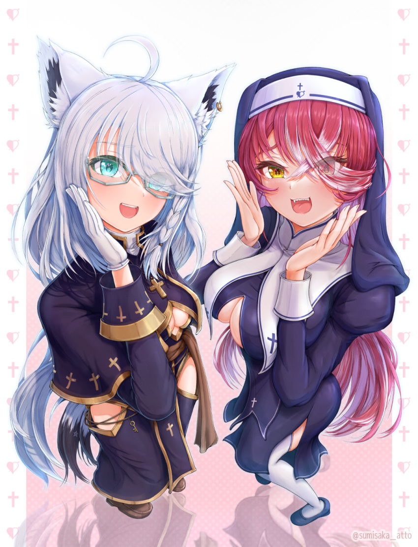 2girls ahoge animal_ear_fluff animal_ears blush braid breasts cleavage cleavage_cutout clothing_cutout commentary_request earrings fox_ears fox_girl fox_tail from_above glasses gloves green_eyes hair_between_eyes hair_over_one_eye heterochromia highres hip_vent hololive houshou_marine houshou_marine_(nun) jewelry large_breasts long_hair looking_at_viewer medium_breasts multiple_girls napozouattop nun open_mouth priest red_eyes red_hair shirakami_fubuki sidelocks single_braid swept_bangs tail thighhighs virtual_youtuber white_gloves white_hair white_thighhighs yellow_eyes