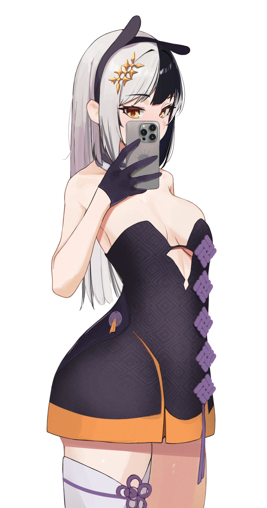 1girl absurdres bare_arms bare_shoulders black_dress black_hair breasts cellphone choker cosplay covered_mouth cowboy_shot cutout_above_navel dress fur-trimmed_choker fur_trim gloves grey_hair hair_ornament half_gloves hand_up highres holding holding_phone hololive hololive_english ku_roiko large_breasts long_hair looking_at_phone multicolored_hair ninomae_ina'nis ninomae_ina'nis_(1st_costume) ninomae_ina'nis_(cosplay) phone shiori_novella simple_background single_thighhigh smartphone solo split-color_hair standing strapless strapless_dress thighhighs tube_dress two-tone_hair virtual_youtuber white_background white_thighhighs yellow_eyes
