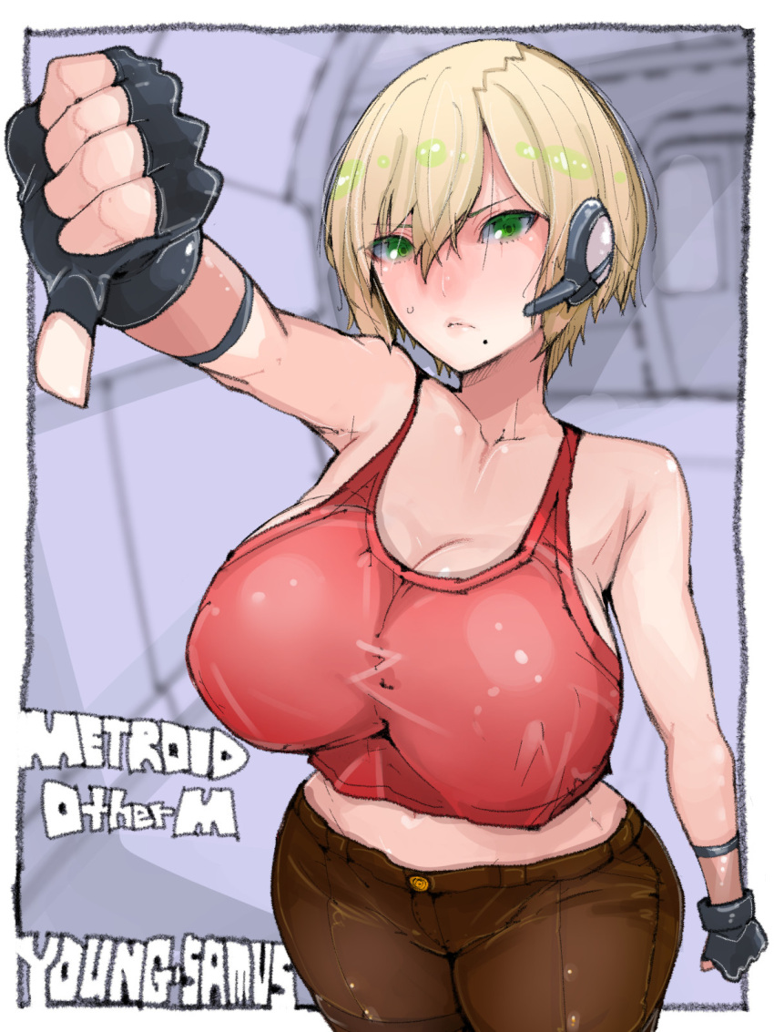 bare_shoulders black_gloves blonde_hair breasts character_name commentary_request copyright_name cowboy_shot english_text fingerless_gloves gloves green_eyes hair_between_eyes headset highres indoors large_breasts looking_at_viewer metroid midriff mole mole_under_mouth samus_aran shirt short_hair sweatdrop takayama_toshinori tank_top thumbs_down