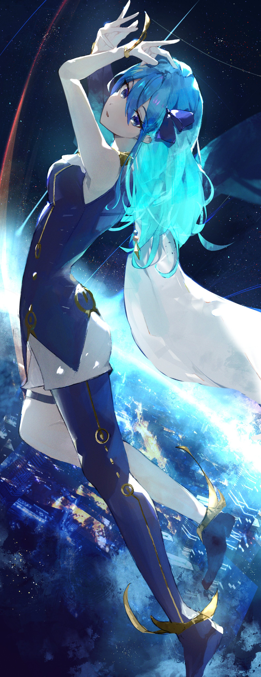 1girl absurdres asymmetrical_legwear blue_eyes blue_hair boots bow commentary_request full_body hair_bow highres hololive hoshimachi_suisei medium_hair sleeveless space virgo76612871 virtual_youtuber