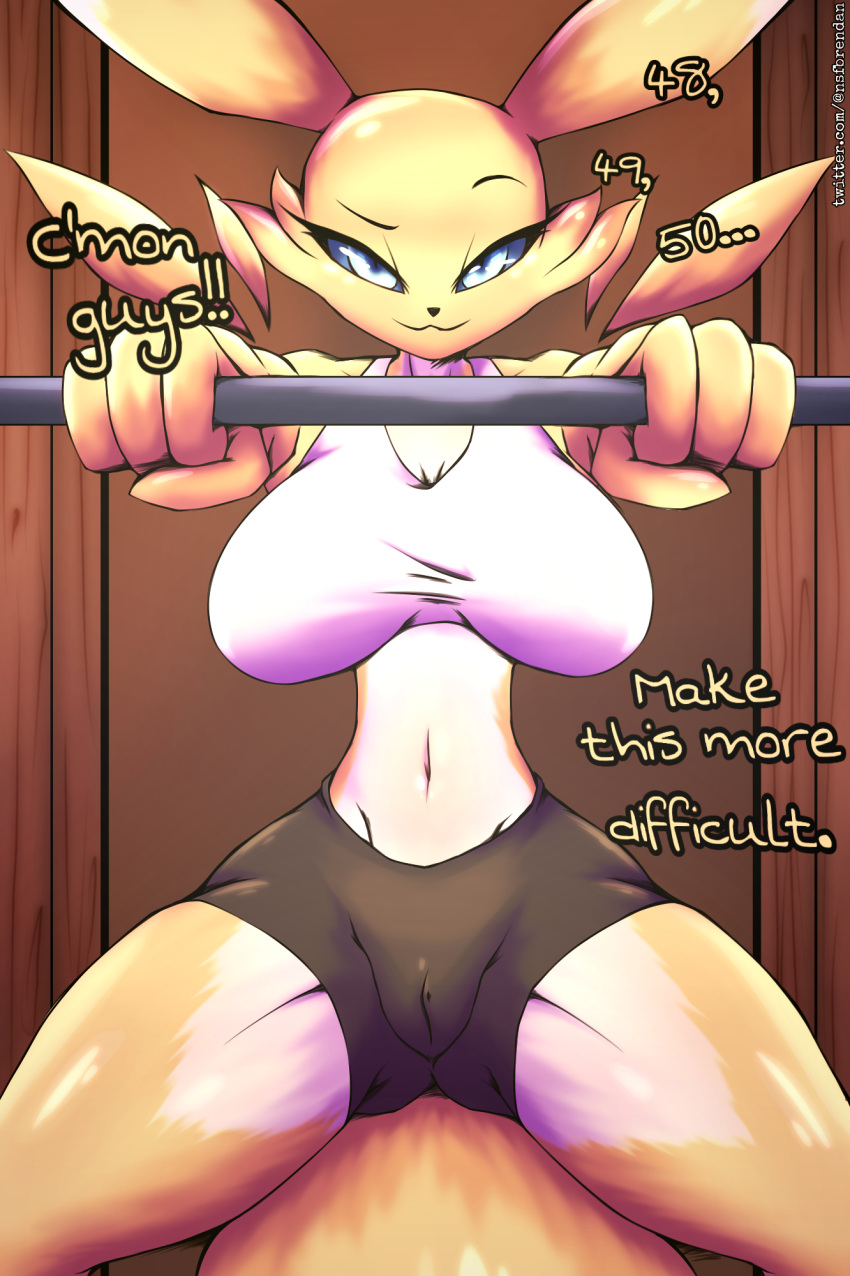 anthro athletic_wear bandai_namco big_breasts black_nose black_sclera blue_eyes blush bottomwear breast_spread breasts brennan_d_vries camel_toe canid canine clothing dialogue digimon digimon_(species) digital_media_(artwork) english_text exercise eyebrows female floor fur gym gym_bottomwear gym_shorts hi_res looking_at_viewer lying mammal navel raised_eyebrow renamon seductive short_pants shorts signature simple_background smile solo spread_arms spread_legs spreading text thick_thighs white_body white_fur wood wood_floor yellow_body yellow_fur